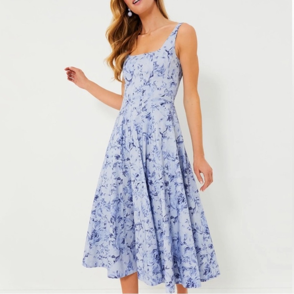 STAUD Periwinkle Sketchbook Floral Midi Wells Dress